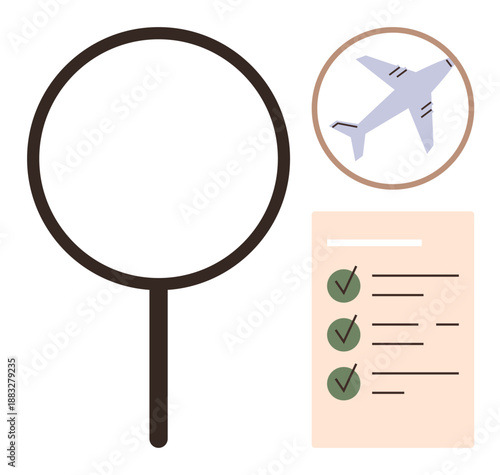 Travel organization, booking services, vacation planning, checklist management, research tools, aviation industry. Magnifying glass, checklist with checkmarks and an airplane icon. Travel planning