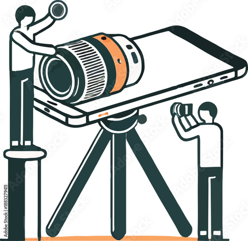 People Operating a Large Camera Lens on a Smartphone