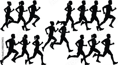 Black And White Vector Silhouette Set Of Men And Women Jogging Running And Sprinting For Fitness Sports And Marathon Competition (20 words)
