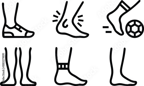 Collection of illustrative line art icons depicting various aspects of human legs and feet in different scenarios