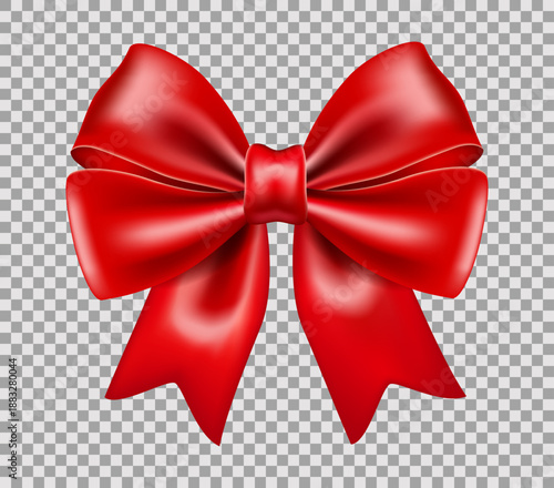 Realistic gift red bow isolated on transparent background. Decor for cards, invitations, vector image.