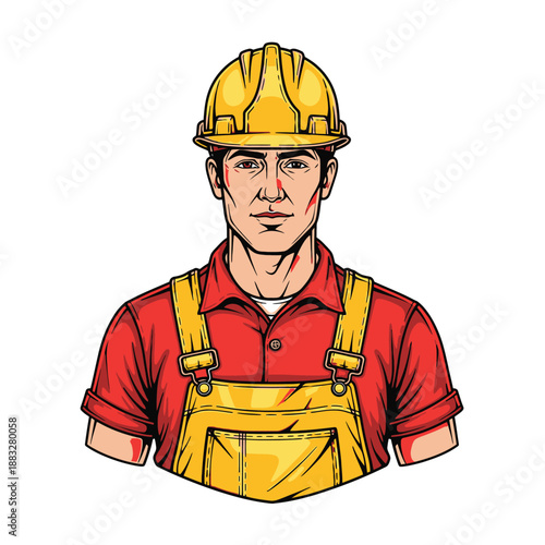 Construction worker wearing a yellow hard hat and red shirt looking straight ahead.
