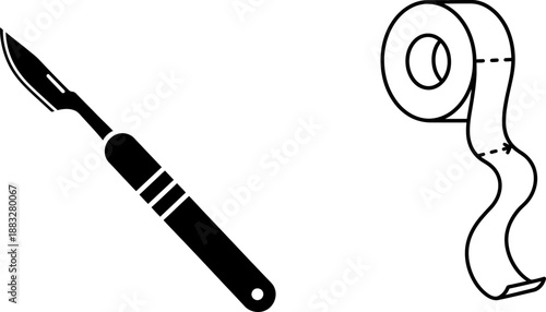 Surgical Scalpel and Medical Tape Icon , Healthcare Surgery and First Aid Bandage Symbols