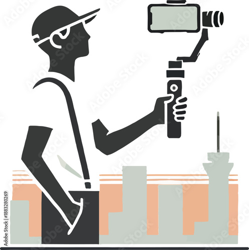 Vlogger filming cityscape with smartphone gimbal video