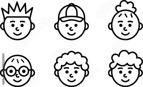 Collection of six distinct cartoonstyle faces with various hairstyles and accessories isolated on transparent background
