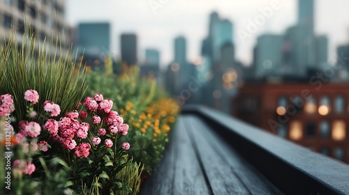A vibrant rooftop garden adorned with colorful flowers, overlooking a city skyline in the background, blending nature with urban life.