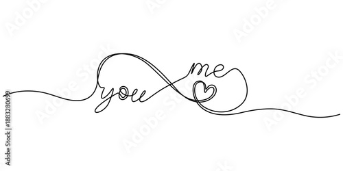 Infinity love symbol with heart. One line art. Infinity symbol with love continuous one line drawing