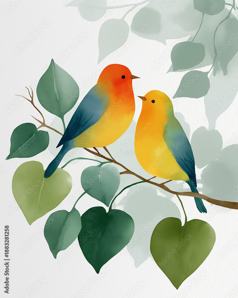 Obraz premium Watercolor birds on a Branch: Two vibrantly colored birds perch on a leafy branch, their gentle gaze and close proximity convey the tranquility of connection. 