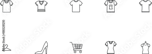 A collection of various clothing items and shopping icons on a white background