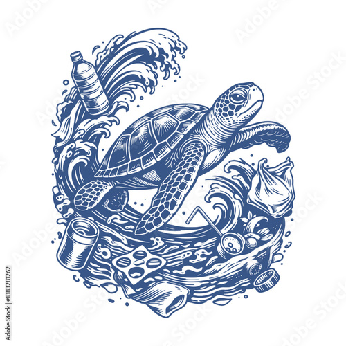 Impactful line art vector illustration of a sea turtle swimming through ocean plastic pollution including bottles and bags to raise environmental awareness.