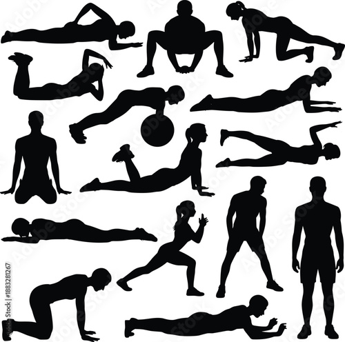 Black and white vector silhouette set of people practicing yoga, fitness exercises, stretching, and workout poses for health and wellness (20 words)