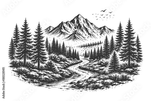 Vintage woodcut style vector illustration of a winding river flowing through a dense evergreen pine forest with massive mountain peaks in the far distance.