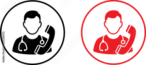 Doctor on phone, telemedicine icons, medical consultation symbols