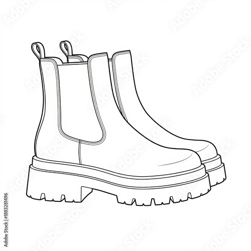 Technical fashion sketch of chunky platform chelsea boots side view.