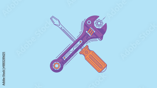 Crossed tools illustration featuring a wrench and a screwdriver, perfect for repair and construction themes.