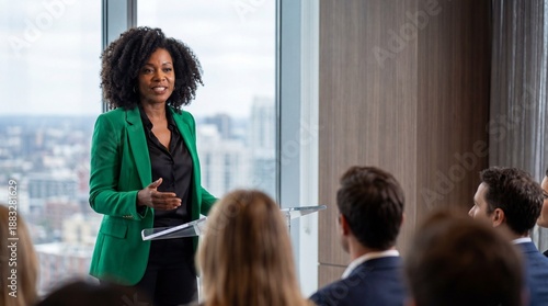 Confident businesswoman in green blazer giving professional presentation to seated audience in modern office with city view, engaged expression and dynamic body language