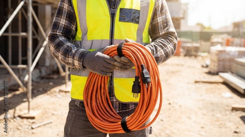 Construction worker holding coiled orange extension cord at sunny jobsite, wearing safety vest and gloves while preparing equipment and cables