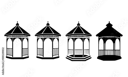 Set of gazebo garden pavilion icons, black silhouette vector illustrations of outdoor pergolas, summer house structures for backyard landscaping, park architecture