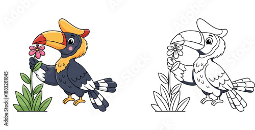 Cute cartoon Rhinoceros Hornbill bird holding a pink flower vector illustration suitable for children books, stickers and mascot character design