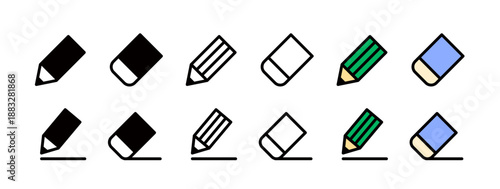 Icon set representing pencils, erasers, and writing