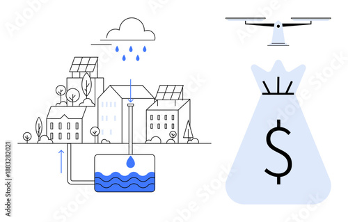 Rainwater harvesting in urban environment with solar-powered infrastructure, quadcopter, and monetary bag icon. Ideal for water conservation, green energy, urban planning, sustainability