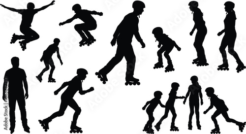 Black And White Vector Silhouette Set Of People Roller Skating Featuring Various Poses Like Jumping Racing And Stunting For Sports Design, (20 words)