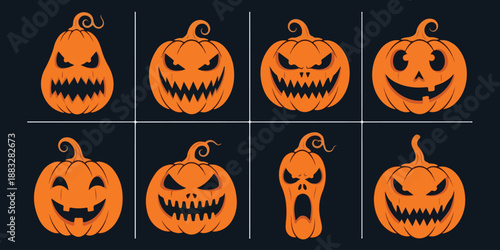 Halloween pumpkin silhouette vector set featuring carved face jack-o-lantern shapes.eps