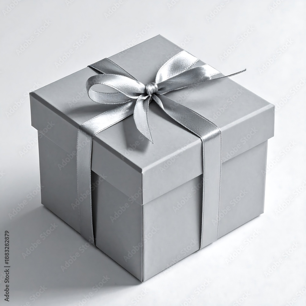 Fototapeta premium Square gift box tied with satin ribbon on white backdrop, casting soft shadows