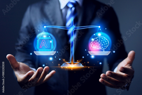 ai ethical concept with businessman holding justice balance between human brain and artificial intelligence represent to respect of human artist