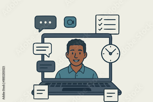 man on laptop screen in video conference with icons