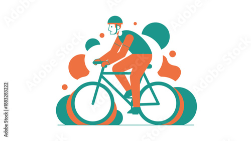 Cyclist riding bicycle with helmet and safety gear, outdoor activity, healthy lifestyle.