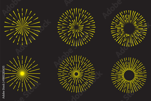 Line fireworks icon. Minimal radial sunburst and starburst symbols in light gray, abstract decorative icons for branding, backgrounds, and graphic design use.