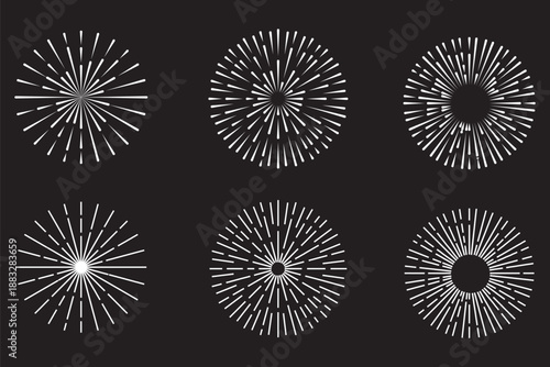 Line fireworks icon. Minimal radial sunburst and starburst symbols in light gray, abstract decorative icons for branding, backgrounds, and graphic design use.
