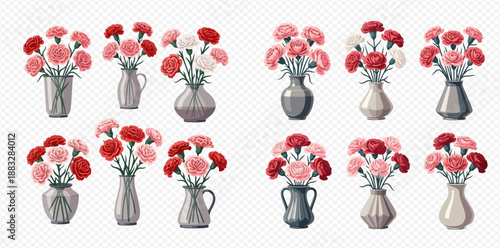 Collection of various carnation flower bouquets in different vases, perfect for floral designs and decorations.