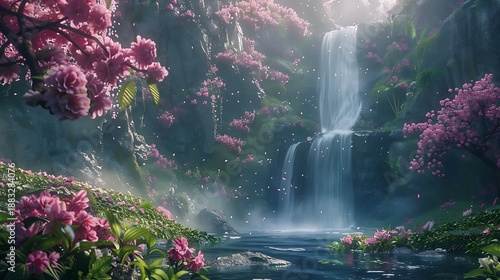 A cascading waterfall surrounded by vibrant spring blooms with cherry blossoms and wildflowers adding splashes of color to the lush green landscape