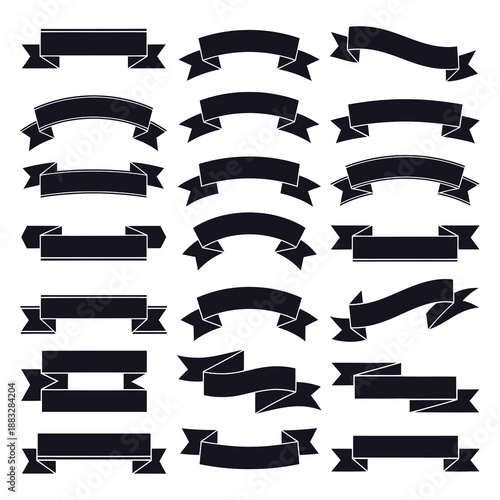 Collection of black ribbon banners in various shapes and styles for design elements