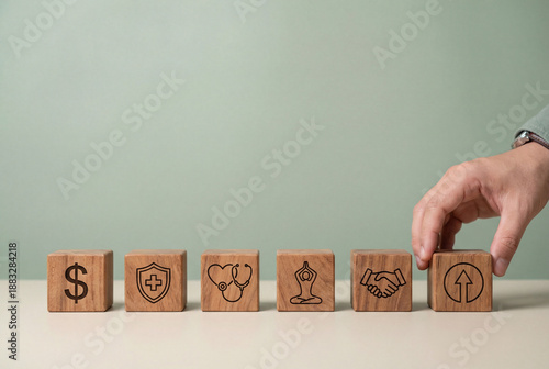 Human resources employee benefits progression showing salary, insurance, healthcare, wellbeing support, and retention with wooden blocks