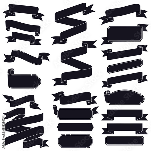 Collection of black ribbon banners and frames in various shapes and styles