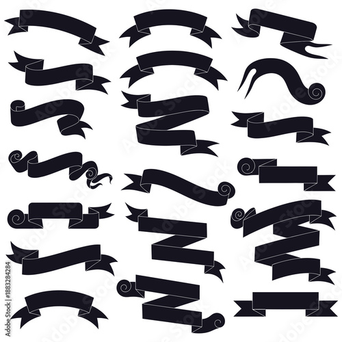 Black ribbon banners and scrolls set for decorative design elements and text