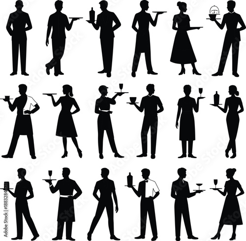 Black Silhouette Set of Professional Waiters Waitresses and Catering Staff Carrying Trays Drinks and Food for Restaurant Service and Hospitality Design