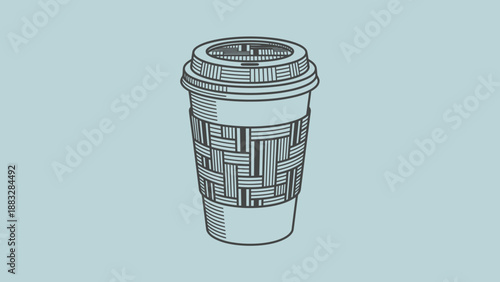 Detailed illustration of a disposable coffee cup with a lid and a textured sleeve.