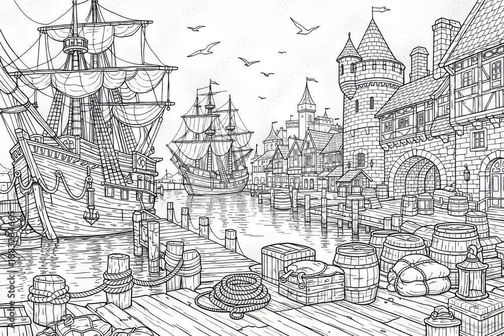 Naklejka premium Highly detailed line art of an old harbor scene with sailing ships, stone towers, and stacked cargo along wooden docks, perfect for coloring books and educational designs.