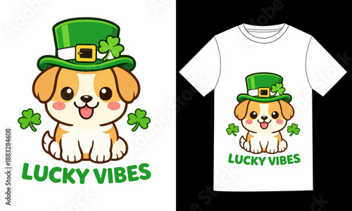 Lucky Vibes Cute Dog St Patrick’s Day Puppy Illustration T-Shirt Design