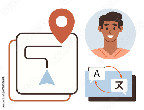 Navigation systems, language learning, cross-cultural communication, translation apps, travel assistance, global interaction. Smiling person with map and translation icons. Navigation and language