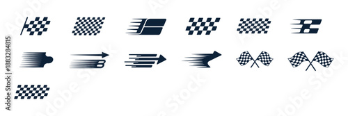 Racing flags and speed icons set, checkered flags, arrows with motion blur, fast movement symbols, vector graphics