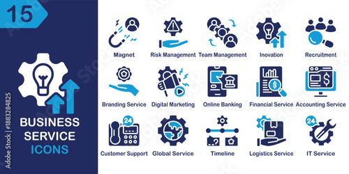 Business Service solid icons collection. Containing service, corporate, professional, consulting, management, support and more. Solid vector icons collection. Vector Illustration.