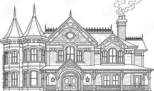 Victorian mansion house facade with ornate towers, arched windows, smoking chimney, and detailed wooden porch illustrated in classic black and white line art
