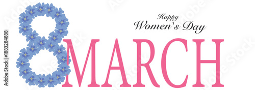 Elegant 8 March Women's Day greeting with floral number design and stylish pink lettering on white background
