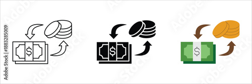Financial Transaction Icons Representing Money Exchange, Payment Flows, and Asset Investments with Banknotes, Coins, and Valuable Commodities, Ideal for Economic and Business Concepts