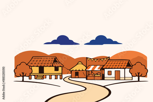 rural village scene with traditional houses and trees